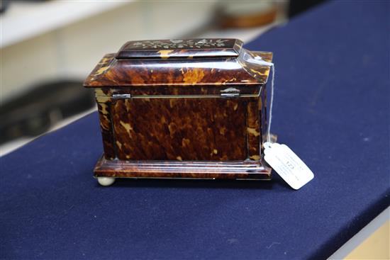 An early Victorian mother of pearl inlaid tortoiseshell tea caddy, 7in.